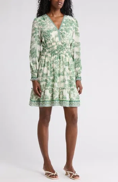Max Studio Long Sleeve Smocked Georgette Minidress In Cream/mdw Sml Bnch Toile
