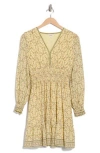 Max Studio Long Sleeve Smocked Georgette Minidress In Pale Yellw Pin Cusion Lattice