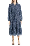 Max Studio Long Sleeve Tiered Shirtdress In Navy/sky Twin Dots