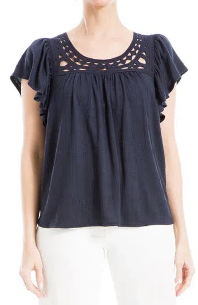 Max Studio Open Stitch Crinkle Top In Navy