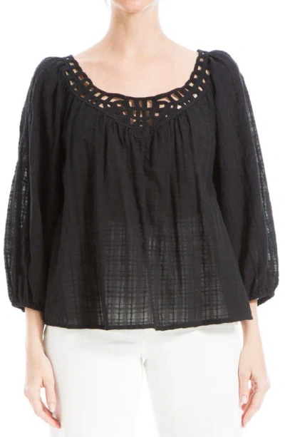 Max Studio Openwork Bubble Sleeve Top In Black