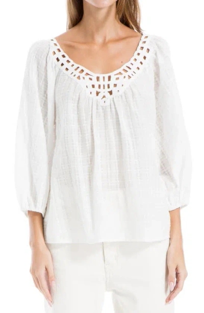 Max Studio Openwork Bubble Sleeve Top In White