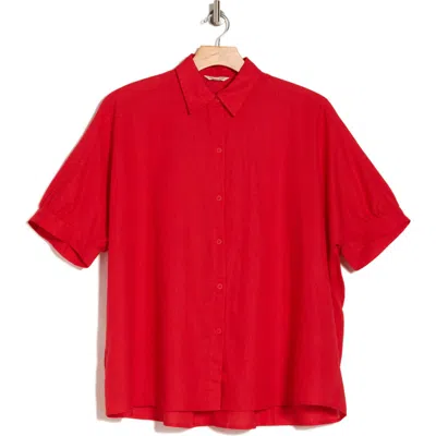 Max Studio Oversize Linen Blend Button-up Shirt In Cherry