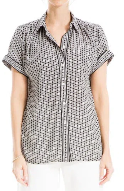 Max Studio Patterned Short Sleeve Button-up Shirt In Black/ivory Daisy Grid
