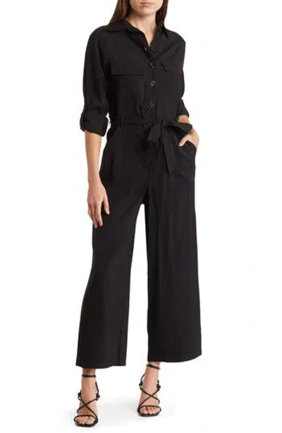 Max Studio Peach Skin Roll Sleeve Utility Jumpsuit In Black