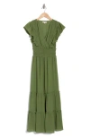 Max Studio Pebble Crepe Flutter Sleeve Maxi Dress In Artichoke