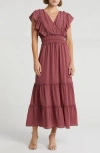 Max Studio Pebble Crepe Flutter Sleeve Maxi Dress In Deco Rose