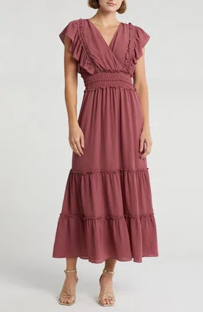 Max Studio Pebble Crepe Flutter Sleeve Maxi Dress In Deco Rose