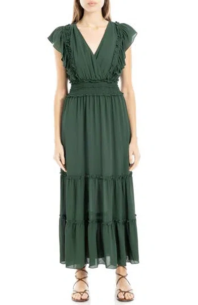 Max Studio Pebble Crepe Flutter Sleeve Maxi Dress In Hunter Green