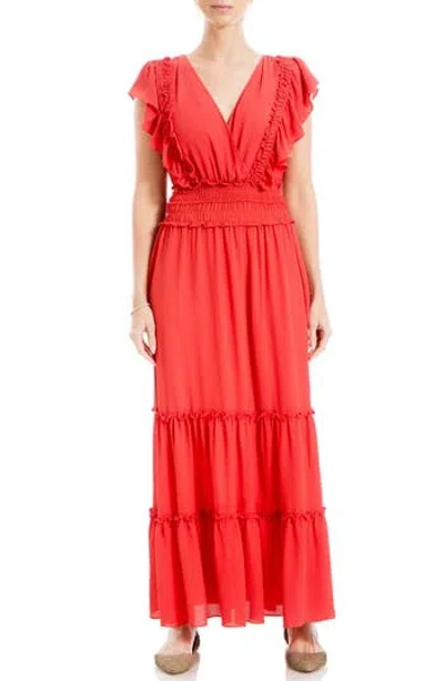 Max Studio Pebble Crepe Flutter Sleeve Maxi Dress In Washed Red