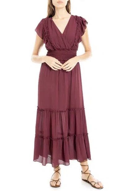 Max Studio Pebble Crepe Flutter Sleeve Maxi Dress In Wine