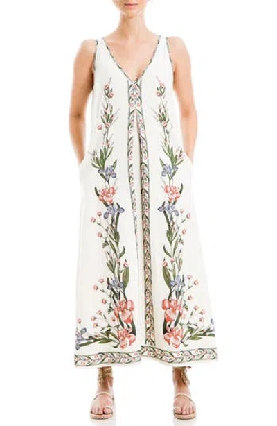 Max Studio Placed Floral Print Linen Blend Midi Dress In White