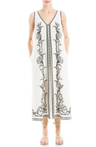Max Studio Placed Floral Print Linen Blend Midi Dress In White/almond