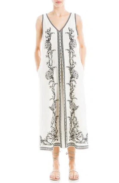 max studio linen blend dress Max Studio Dress Women's M? 38" Chest White Green Leaf Print Linen Blend  Cottage