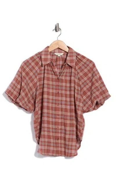 Max Studio Plaid Bubble Sleeve Shirt In Rust/ Brown/ Ivory Plaid