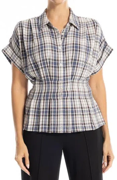 Max Studio Plaid Pintucked Short Sleeve Shirt In Ecru/ Navy Plaid