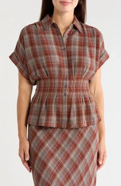 Max Studio Plaid Pintucked Short Sleeve Shirt In Grey/ Adobe Plaid
