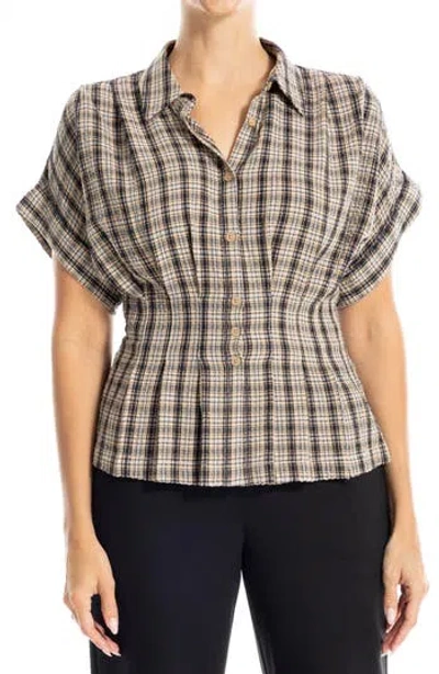 Max Studio Plaid Pintucked Short Sleeve Shirt In Multi