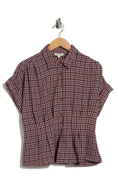 Max Studio Plaid Short Sleeve Button-up Shirt In Rust/ Navy Plaid