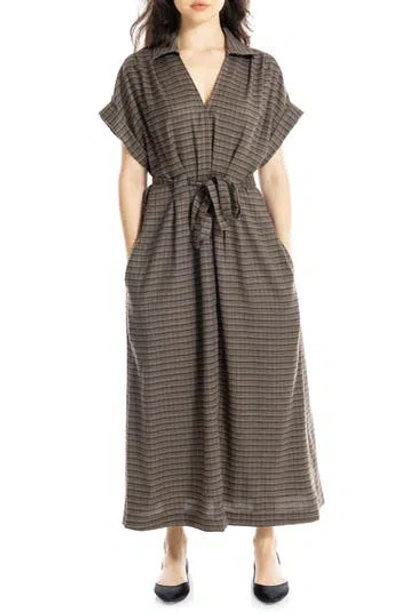 Max Studio Plaid Short Sleeve Tie Waist Maxi Dress In Gray