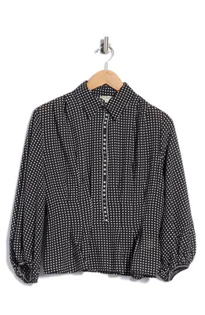 Max Studio Pleat Front Button Shirt In Black/ Ivory Game Dot