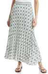 Max Studio Pleated Maxi Skirt In Cream Tile Blue Floral