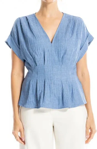 Max Studio Pleated V-neck Woven Top In Heather Chambray