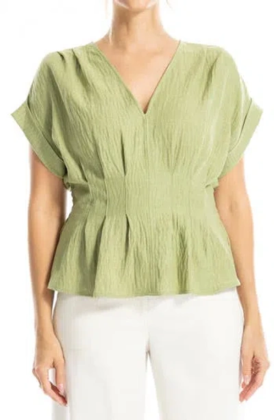 Max Studio Pleated V-neck Woven Top In Heather Leaf