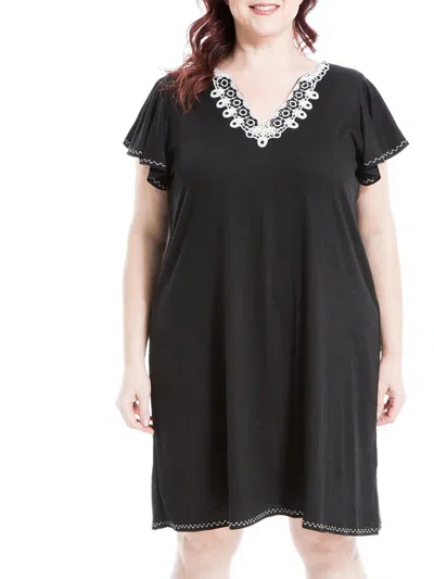 Max Studio Plus Womens Lace Trim Flutter Sleeve Shift Dress In Black