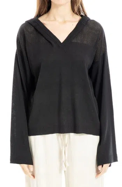 Max Studio Pointelle Hooded Sweater In Black