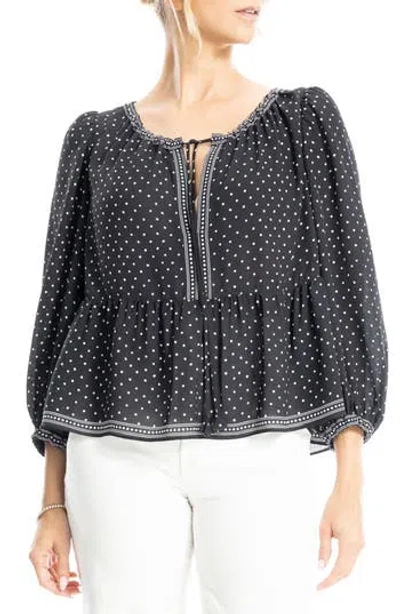 Max Studio Polka Dot Tie Neck Top In Black/ivory Hand Drawn Dot