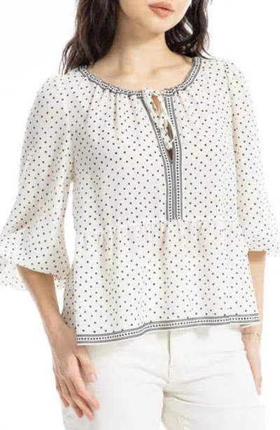 Max Studio Polka Dot Tie Neck Top In Ecru/black Hand Drawn Dot