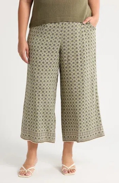Max Studio Print Crop Wide Leg Pants In Cream/olive Stacked Star Geo