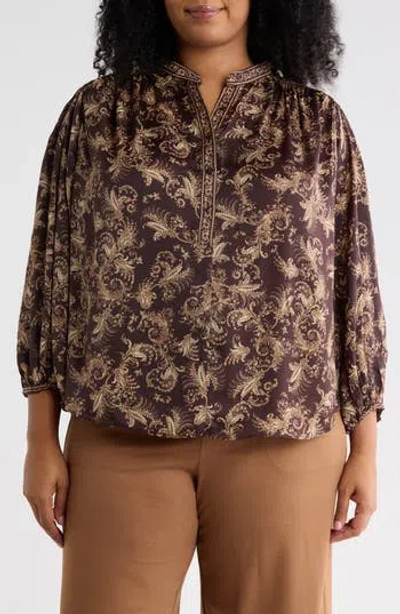 Max Studio Print Half Placket Top In Chocolate Paisley Tails