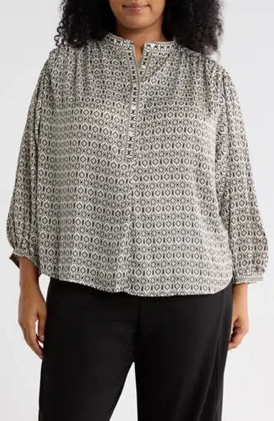 Max Studio Print Half Placket Top In Cream/ Black Rosette Tile