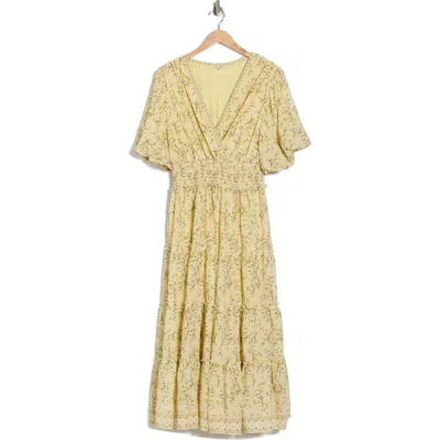 Max Studio Print Puff Sleeve V-neck Dress In Yellow