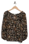 Max Studio Print Ruffle Front Three-quarter Sleeve Top In Black/vintage Blooms