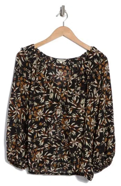 Max Studio Print Ruffle Front Three-quarter Sleeve Top In Black/vintage Blooms