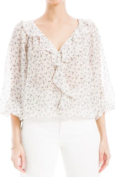 Max Studio Print Ruffle Front Three-quarter Sleeve Top In Cream/ Ssme Ditsy Dsy Twig