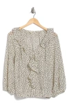 Max Studio Print Ruffle Front Three-quarter Sleeve Top In Ivory/dots