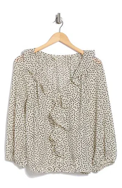 Max Studio Print Ruffle Front Three-quarter Sleeve Top In Ivory/dots