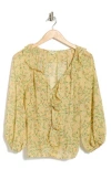 Max Studio Print Ruffle Front Three-quarter Sleeve Top In Yellow Floral