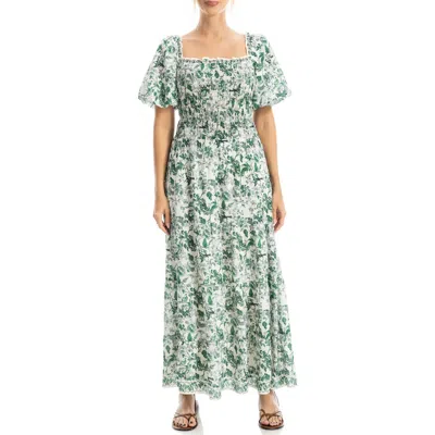Max Studio Print Smocked Puff Sleeve Maxi Dress In Green