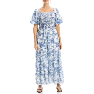 Max Studio Print Smocked Puff Sleeve Maxi Dress In Blue