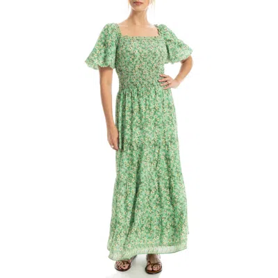 Max Studio Print Smocked Puff Sleeve Maxi Dress In Green