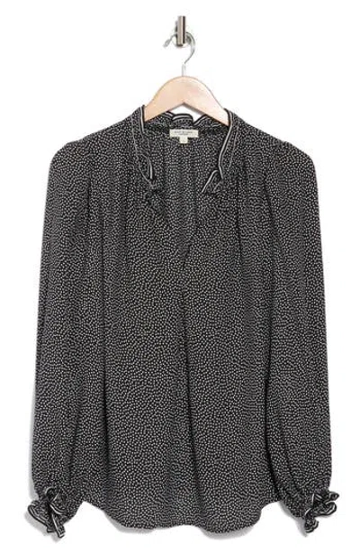 Max Studio Printed Crepe Long Sleeve Top In Black Ivory Polka Dot