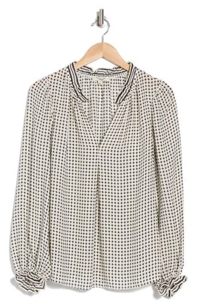 Max Studio Printed Crepe Long Sleeve Top In Ivory Black Dot