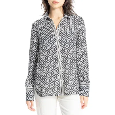 Max Studio Printed Long Sleeve Button-up Shirt In Black/cream Shmrk Strmrs