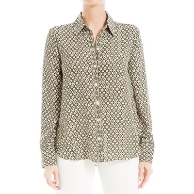 Max Studio Printed Long Sleeve Button-up Shirt In Cream/army Sml Hxgn Lttce