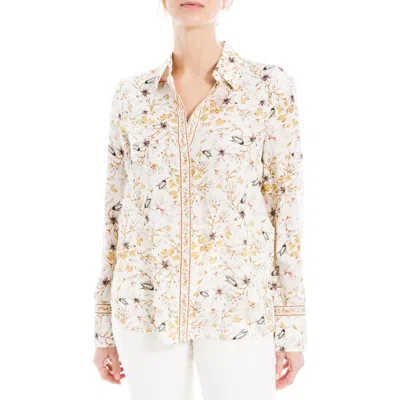 Max Studio Printed Long Sleeve Button-up Shirt In Ecru/slate Pressed Lily
